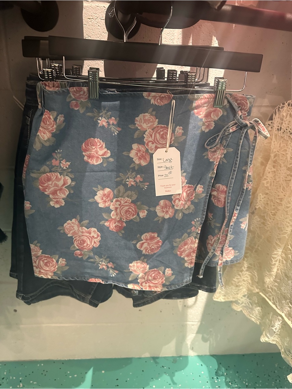 Floral Wrap Denim Skirt - Blue with Pink Roses